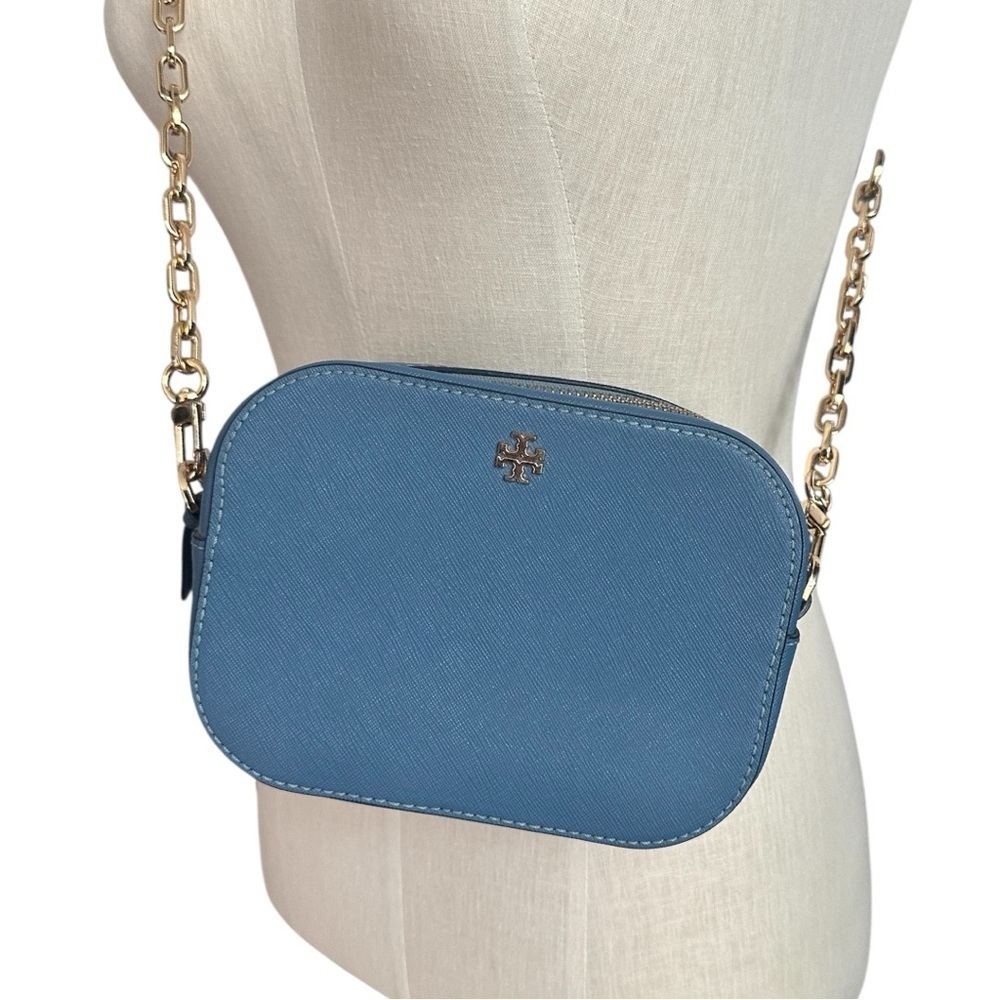NWOT Tory Burch Saffiano Denim Blue Leather Gold Chain Crossbody Bag - Picture 2 of 11